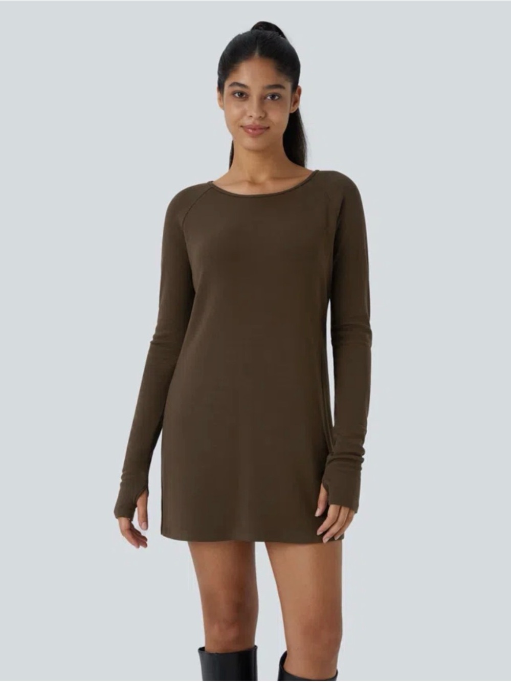 HALARA Long Sleeve Brown Raglan Thermal Dress